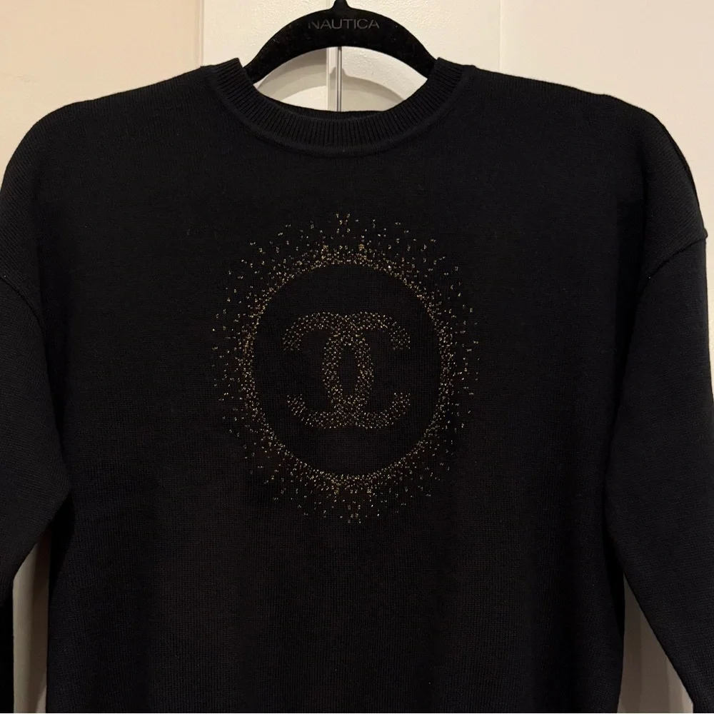 CHANEL Uniform Black Cotton Sweater W Gold Metallic CC Logo Size S designer NEW